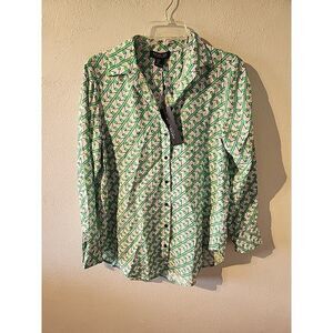 Rachel Zoe Geometric Long Sleeve Green and Pink Button Down Rayon Shirt sz Small